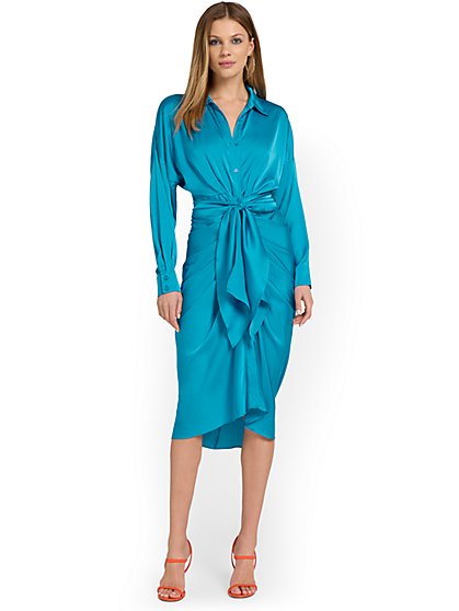 Satin Blue Shirred Shirtdress - Do+Be - New York & Company