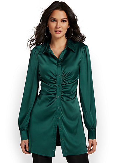 Satin Ruched Button-Down Shirt - Emory Park - New York & Company