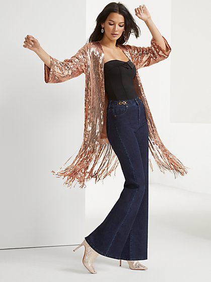 Sequin Fringe Kimono - New York & Company