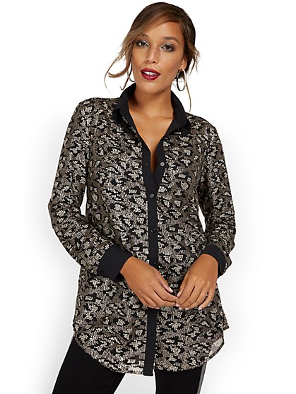 Sequin Leopard-Print Tunic Shirt - New York & Company