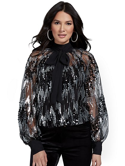 Sequin Mesh Bow-Front Blouse - New York & Company