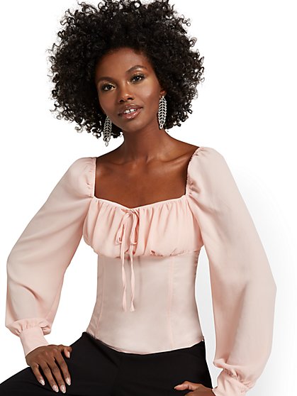 Shirred-Sleeve Corset-Waist Shirt - New York & Company