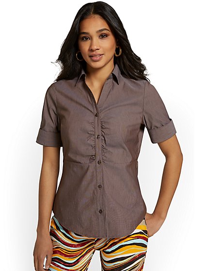 Short-Sleeve Ruched Button-Front Secret Snap - NY&C Madison Shirt® - New York & Company