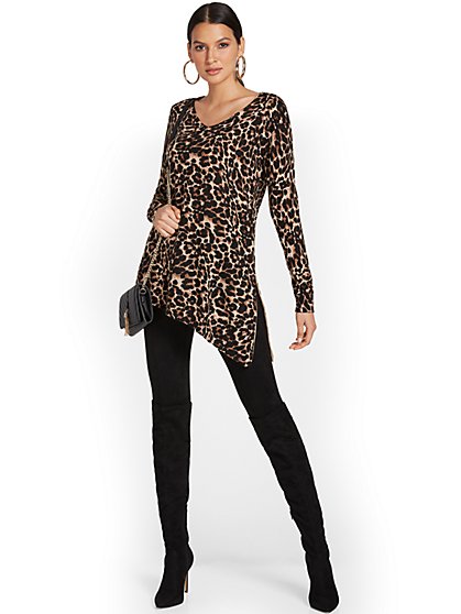 Side-Zip Tunic Sweater - Leopard - New York & Company