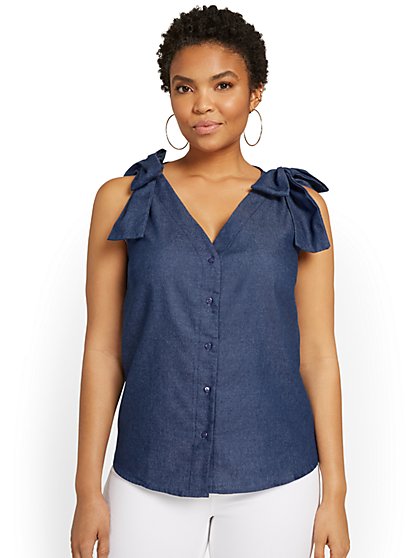 Sleeveless Bow-Accent Button-Front Top - New York & Company