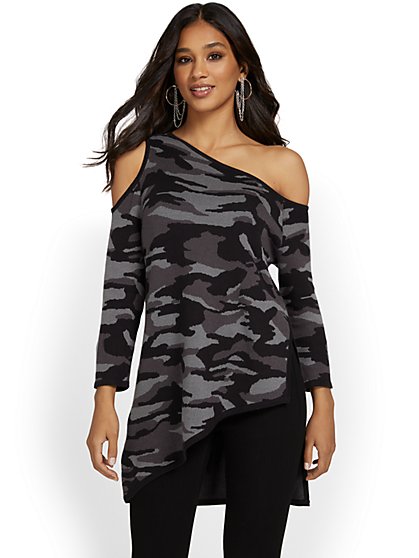 Slouchy Asymmetrical Cold-Shoulder Tunic Sweater - Camo-Print - New York & Company