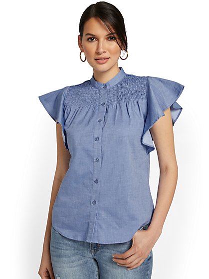 Smocked Cap-Sleeve Button-Front Top - Light Wash - New York & Company
