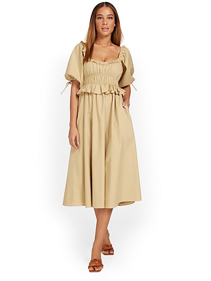 Smocked Puff-Sleeve Poplin Midi Dress - Moodie - New York & Company