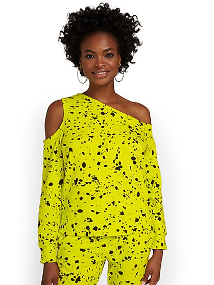 Splatter-Print Asymmetric Cold-Shoulder French Terry Pullover - New York & Company