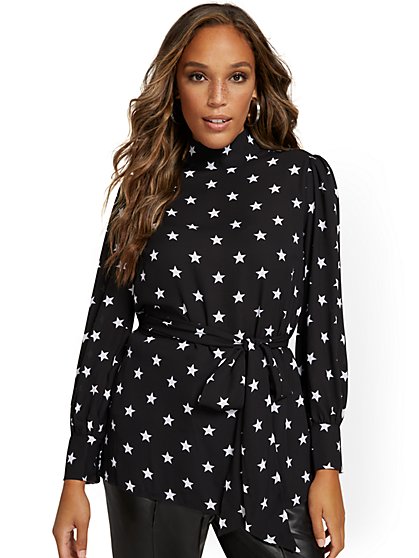 Star-Print Belted Mock-Neck Blouse - New York & Company