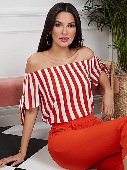 Stripe Tie-Sleeve Off-The Shoulder Blouse - New York & Company