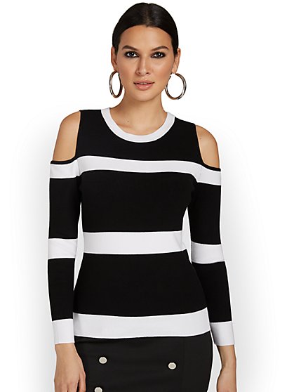 Striped Cold-Shoulder Sweater - New York & Company