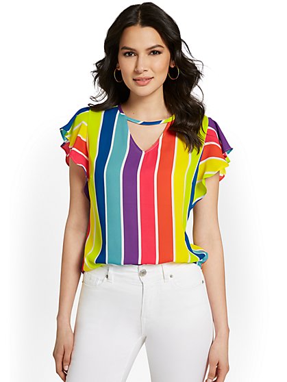 Striped Flutter-Sleeve Cut-Out Top - New York & Company
