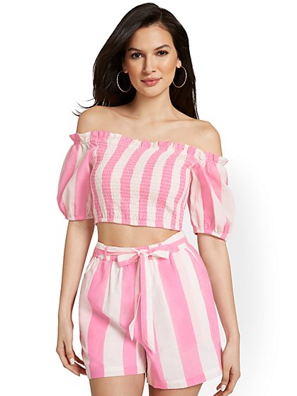 Striped Off-The-Shoulder Smocked Top - New York & Company