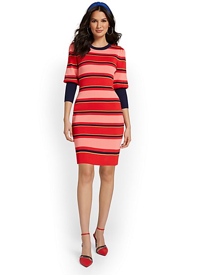 Striped Puff-Sleeve Sweater Dress - New York & Company