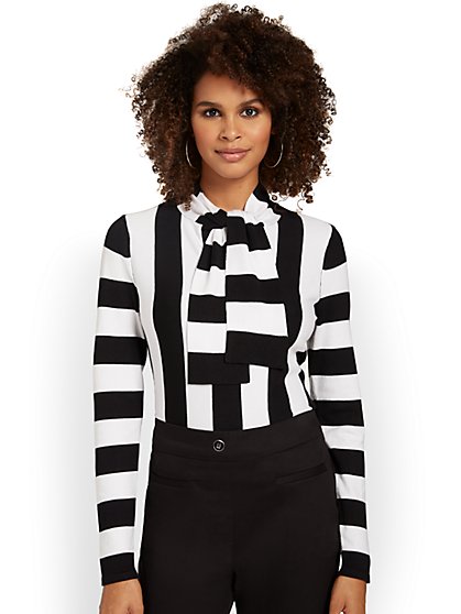 Striped Tie-Neck Pullover Sweater - New York & Company