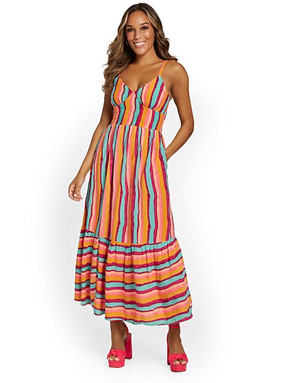 Striped V-Neck Midi Dress - New York & Company