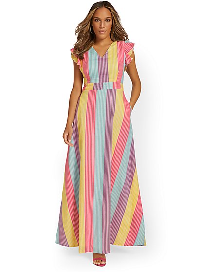 Striped V-Neck Poplin Maxi Dress - New York & Company