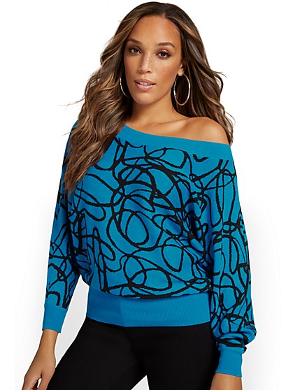 Swirl-Print Slouchy Pullover Sweater - New York & Company