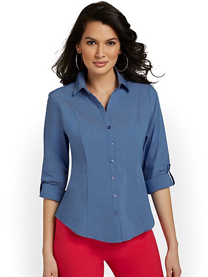 Tall Madison Seamed Button-Front Secret Snap Shirt - New York & Company