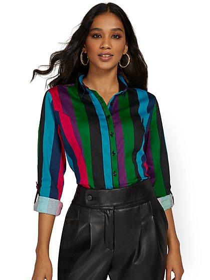 Tall Ruched-Front Madison Shirt - Striped - New York & Company