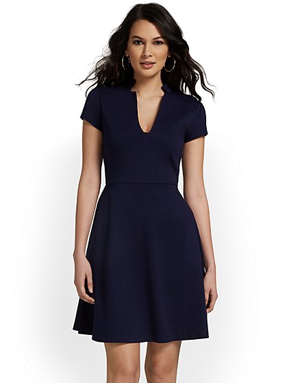 Tall Split-Neck Puff-Sleeve Flare Dress - City Knits - New York & Company