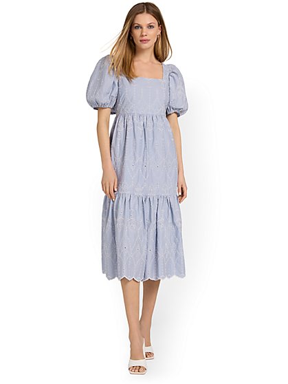 Tie-Back Puff-Sleeve Eyelet Midi Dress - See And Be Seen - New York & Company