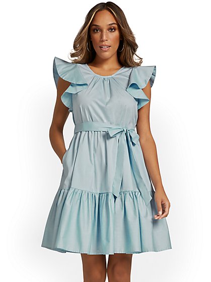 Tie-Waist Ruffle Poplin Dress - New York & Company