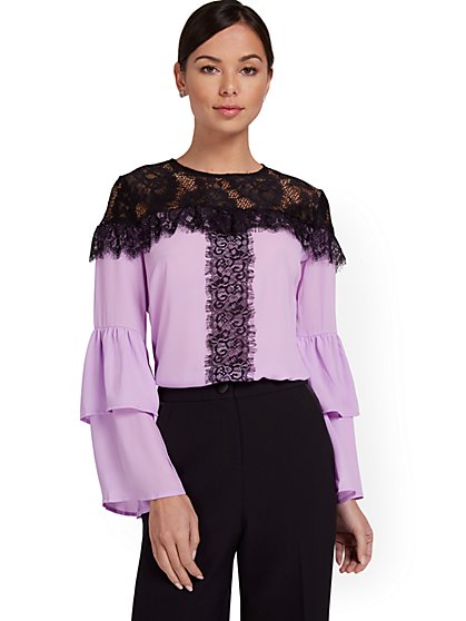 Tiered-Sleeve Lace-Accent Blouse - New York & Company