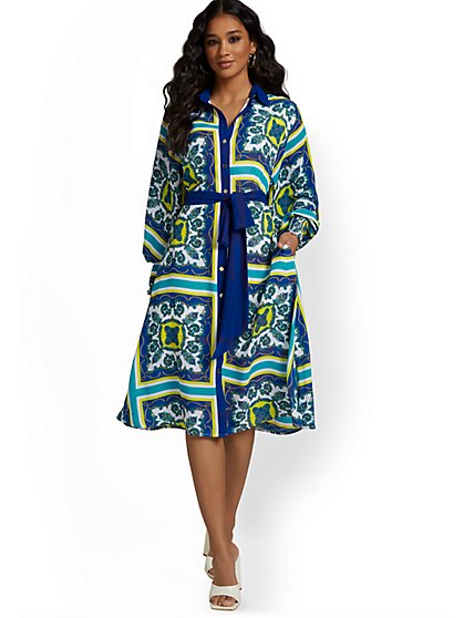 Tile-Print Belted Shirtdress - New York & Company