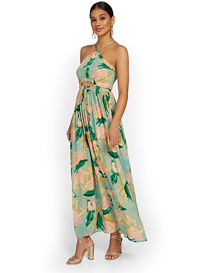 Tropical-Print Cut-Out Halterneck Maxi Dress - In The Beginning - New York & Company