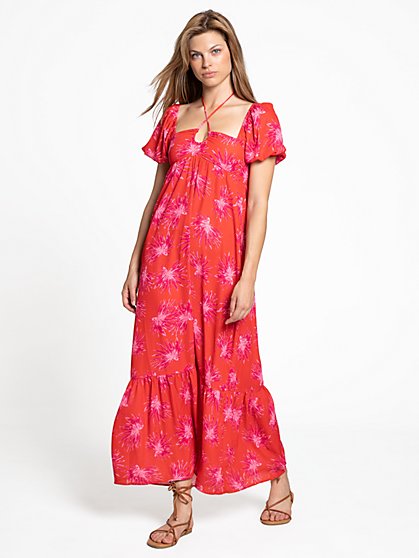 Tropical-Print Puff-Sleeve Cinch Front Maxi Dress - 4Sienna - New York & Company