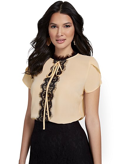 Tulip-Sleeve Lace-Contrast Blouse - New York & Company