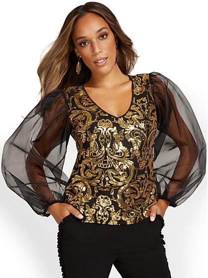 Tulle-Sleeve Sequin Top - New York & Company