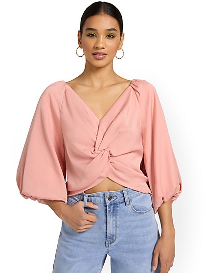 Twist-Front Puff-Sleeve Blouse - Mustard Seed - New York & Company