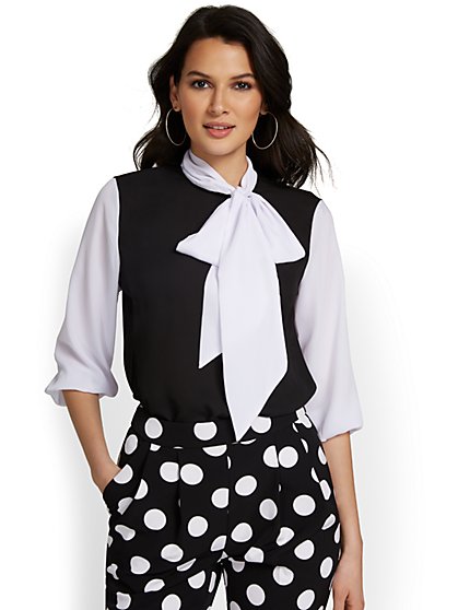 Two-Tone Contrast Bow-Front Blouse - New York & Company