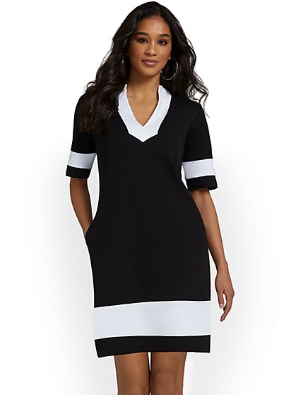 V-Neck Stripe-Accent Shift Dress - City Knits - New York & Company