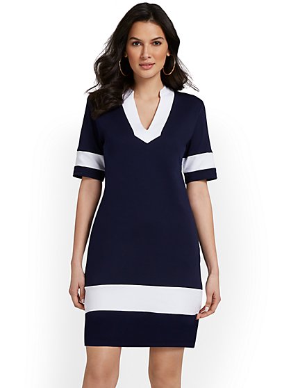 V-Neck Stripe-Accent Shift Dress - City Knits - New York & Company