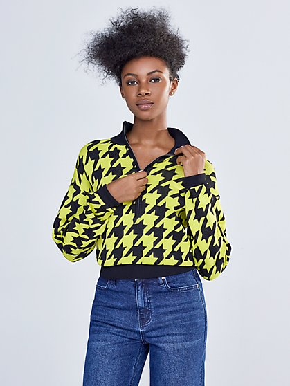 Zip-Front Houndstooth Pullover Sweater - Gabrielle Union Collection - New York & Company